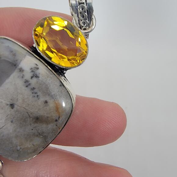 Handmade Silver Pendant with Dendritic Opal and Faceted Citrine Accents - Picture 5 of 10